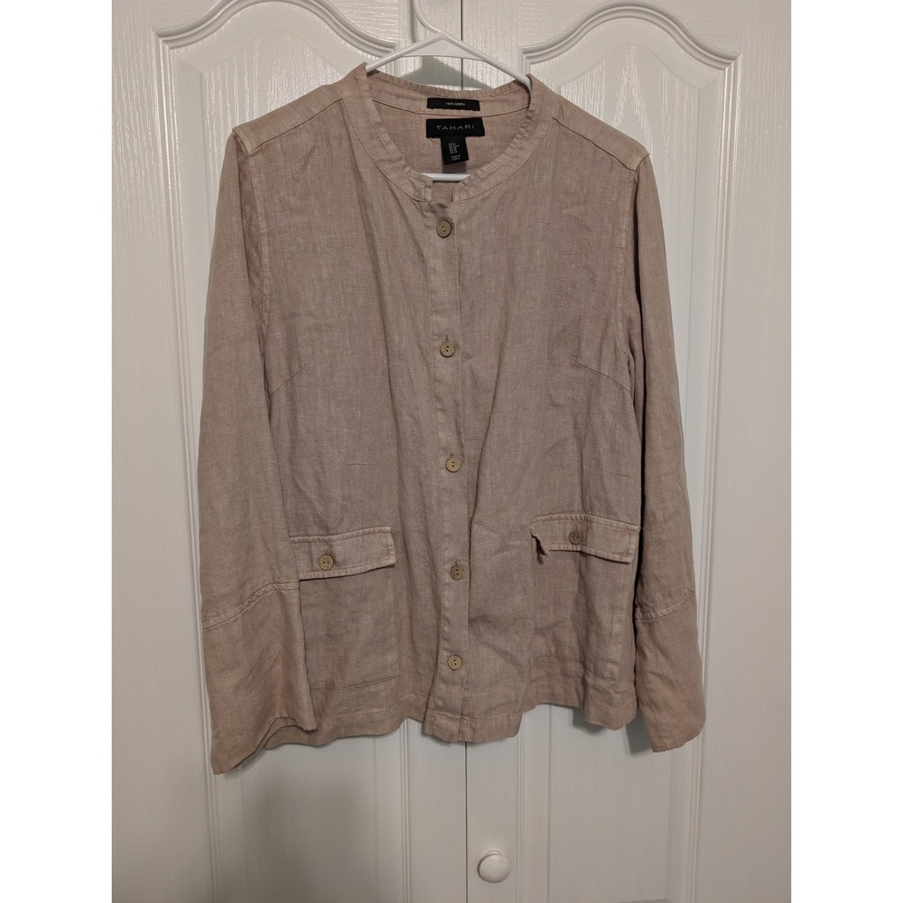 Tahari Womens 100 Percent Linen Long Sleeve Button Shirt Medium Tan